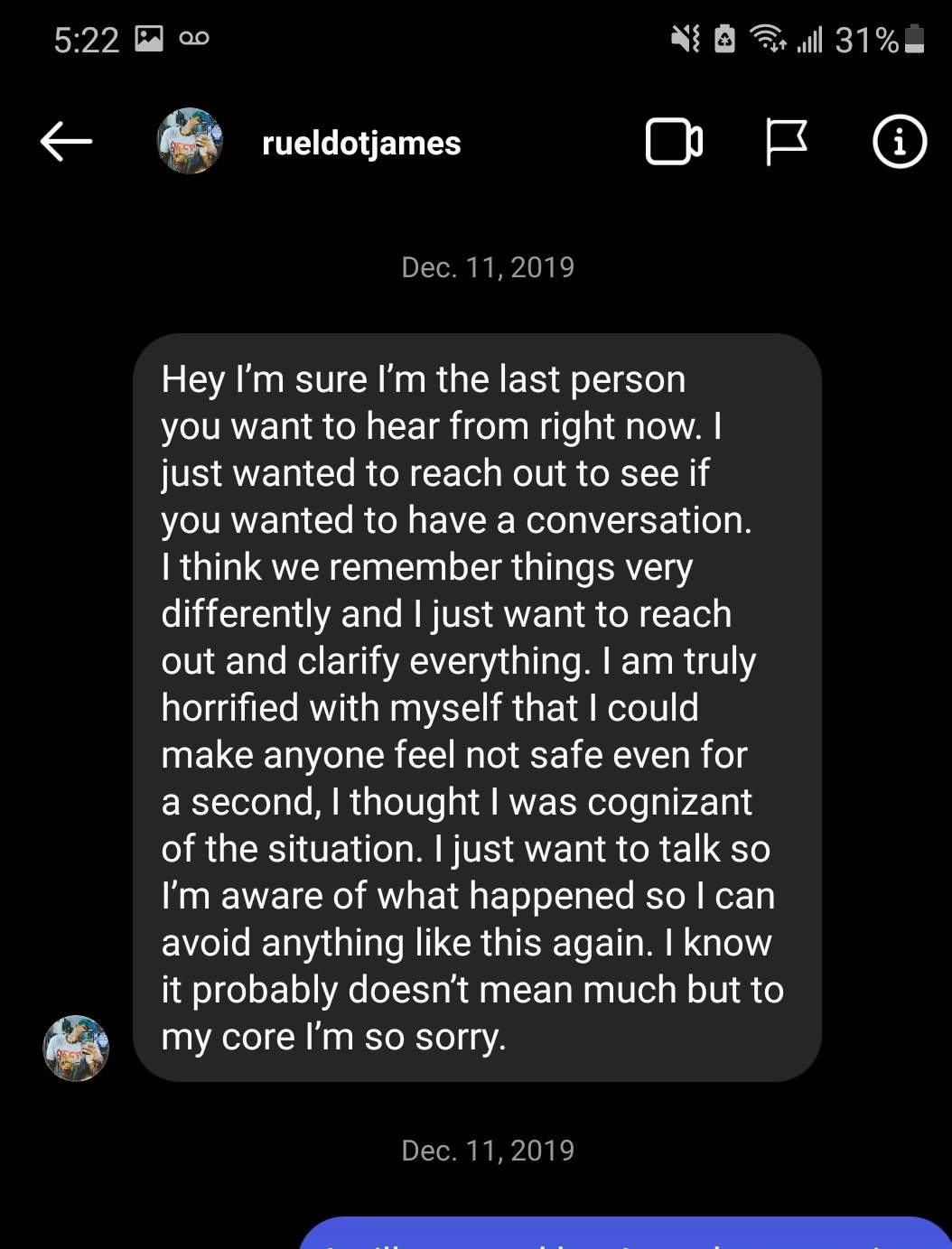 A text conversation between Ruel James and Mika