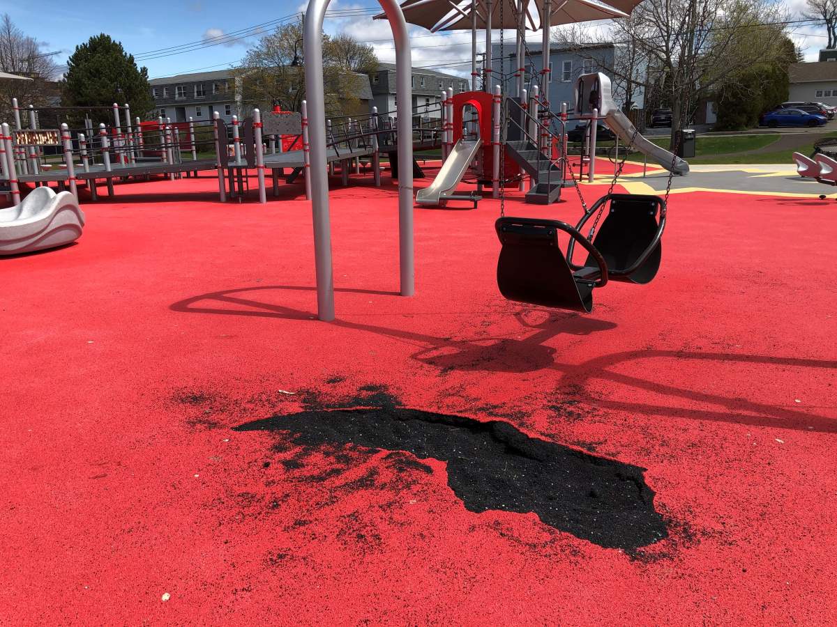 The Canadian Tire Jumpstart Playground at Rainbow Park in Saint John saw its playing surface damaged in May 2021.