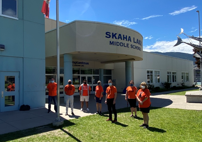 The principal and staff at Skaha Lake Middle School show their “Every Child Matters” orange shirts as a sign of respect and mourning for the children whose remains have been found at the Kamloops Indian Residential School.