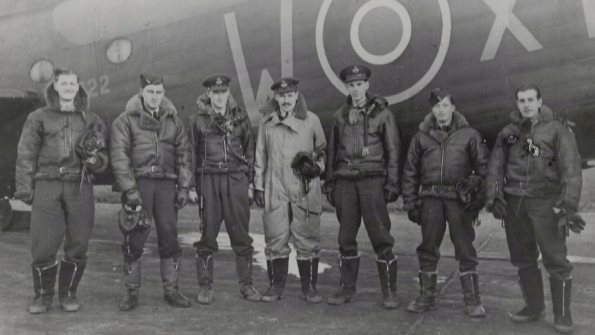 The crew of BK 716, left to right: Sgt. Ronald Kennedy (flight engineer), Sgt. Charles Bell (bomb aimer), F/O John Michael Campbell (radio operator), F/O John Harris (pilot), F/O Harry Farrington (navigator), F/Sgt John McCaw (tail gunner), Sgt. Leonard Shrubsall (mid-upper gunner). Courtesy: Veterans Affairs Canada