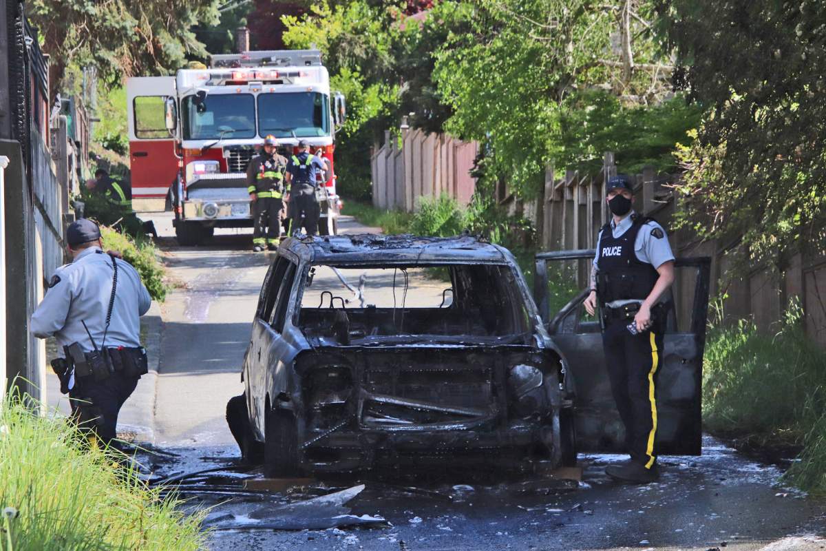 IHIT Sgt Frank Jang says this burnt out vehicle in Surrey is connected to the shooting at the Vancouver International Airport.