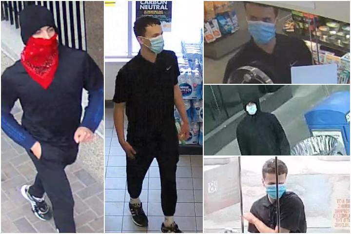 Calgary police released these images of the person they believe may be responsible for robbing several people downtown Calgary on Monday, May 10, 2021, and Wednesday, May 12, 2021.