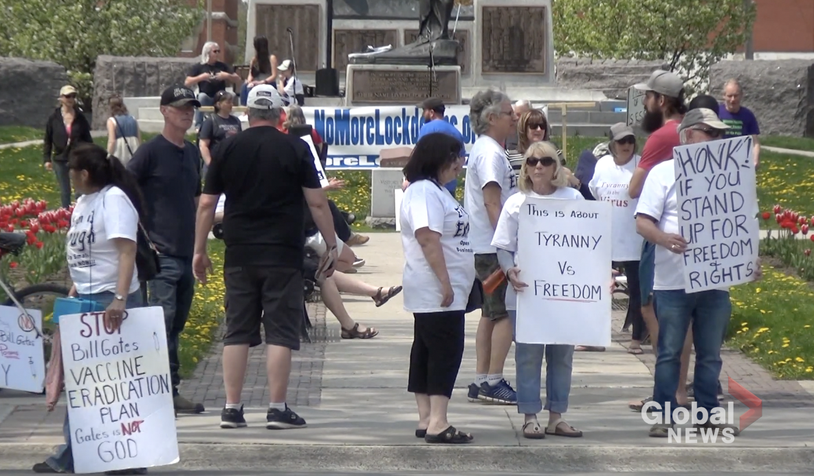 Participants gather for an anti-lockdown protest at Confederation Square in Peterborough on May 15, 2021.