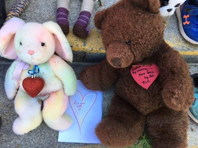 Stuffed animals on the steps of Peterborough City Hall on Monday, May 31, 2021.