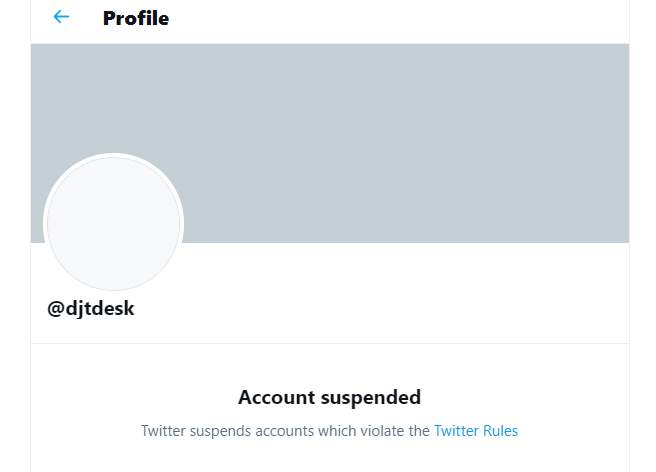 The Twitter account @DJTDesk, which shared former president Donald Trump’s blog posts, is shown after it was suspended by Twitter.
