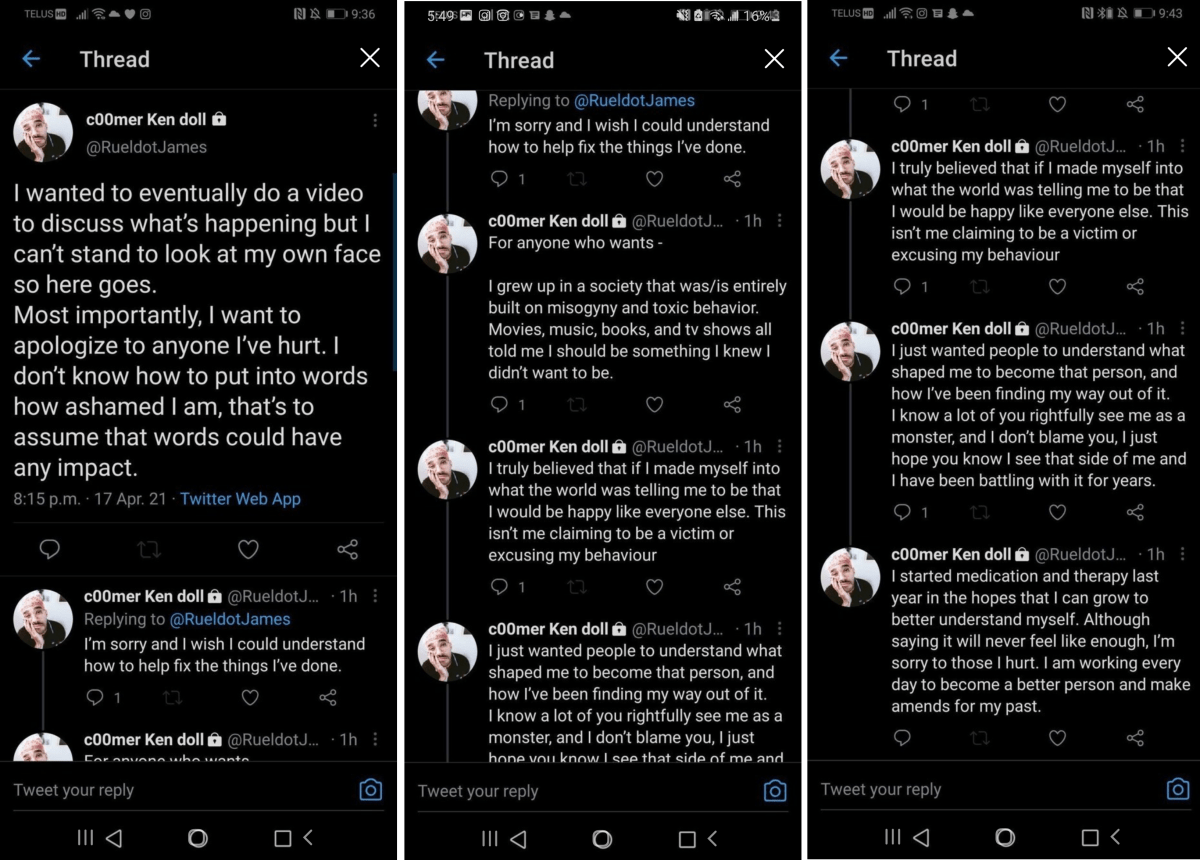 Ruel James posts an apology on Twitter.