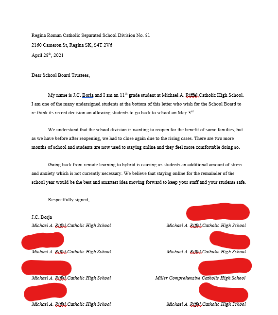 Nearly two dozen students from the Regina Catholic School Division have signed a letter asking the school board to re-think their decision to transition back to in-class learning.