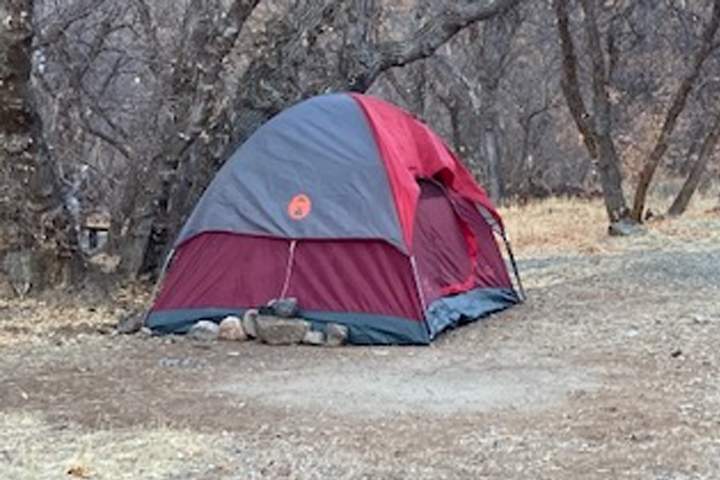 A woman's small tent is shown in the Diamond Fork area of Spanish Fork Canyon in Utah on May 2, 2021.