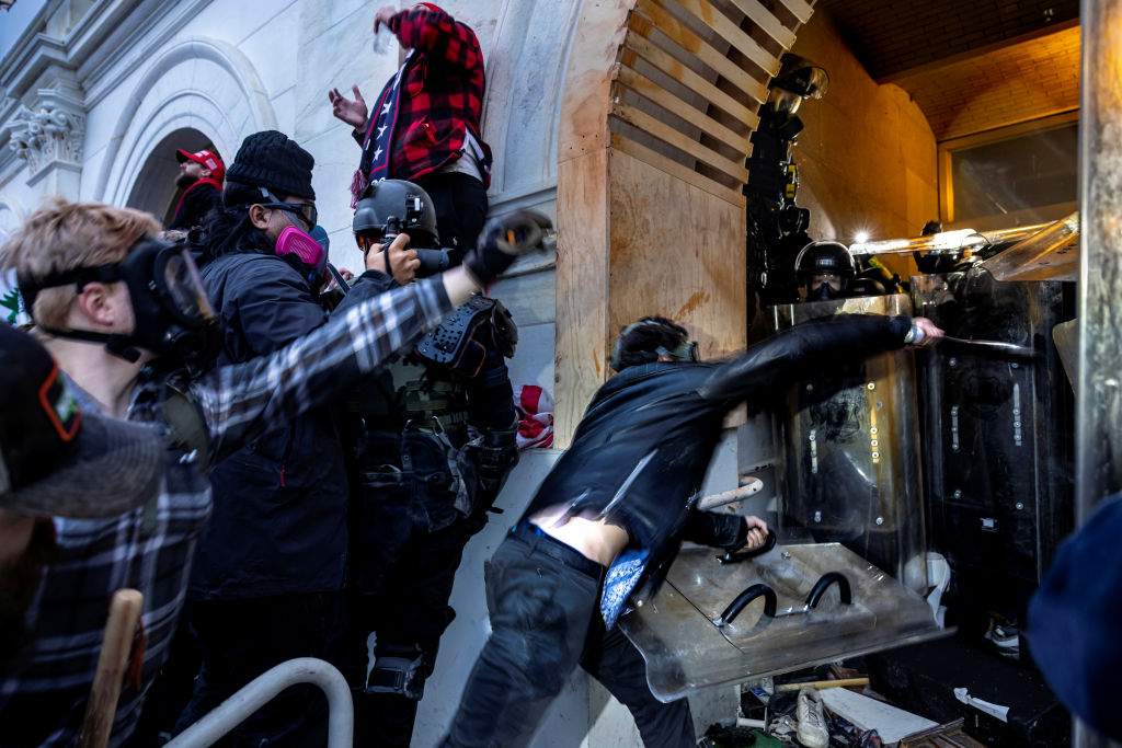 Trump supporters clash with police and security forces as people try to storm the U.S. Capitol on Jan. 6, 2021 in Washington, DC.