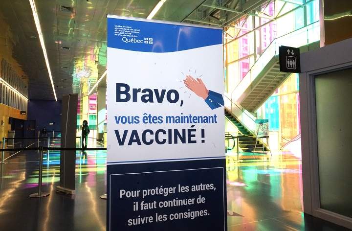 Sign indicating that you have received the vaccine against COVID-19 virus in Montreal, Que., Saturday, March 20, 2021. 