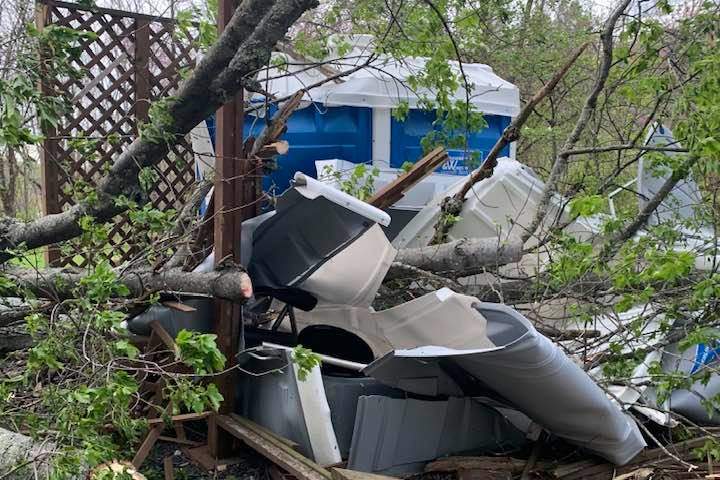 A tree fell on a portable toilet at Gettysburg National Military Park in Pennsylvania on April 30, 2021.