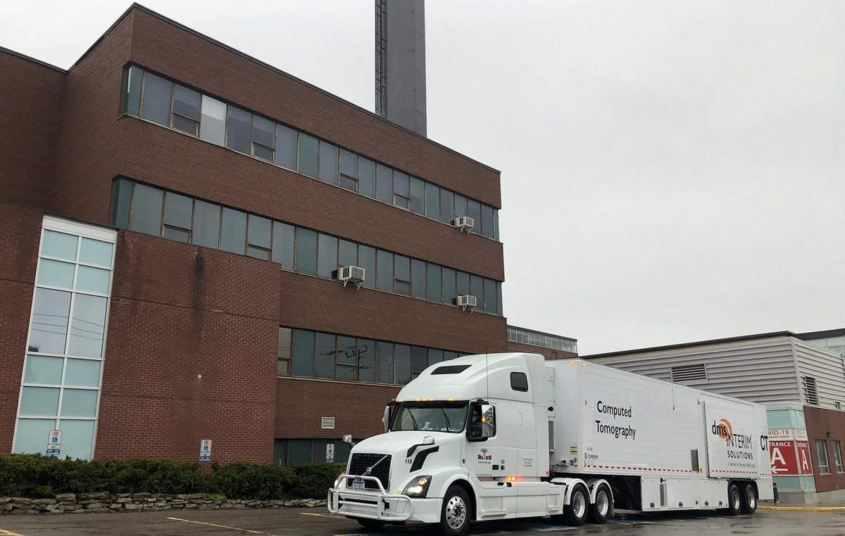 Ross Memorial Hospital’s newly arrived mobile CT scanner positioned at the Kent Street entrance, close to the diagnostic imaging Department, on Tuesday, May 4, 2021.