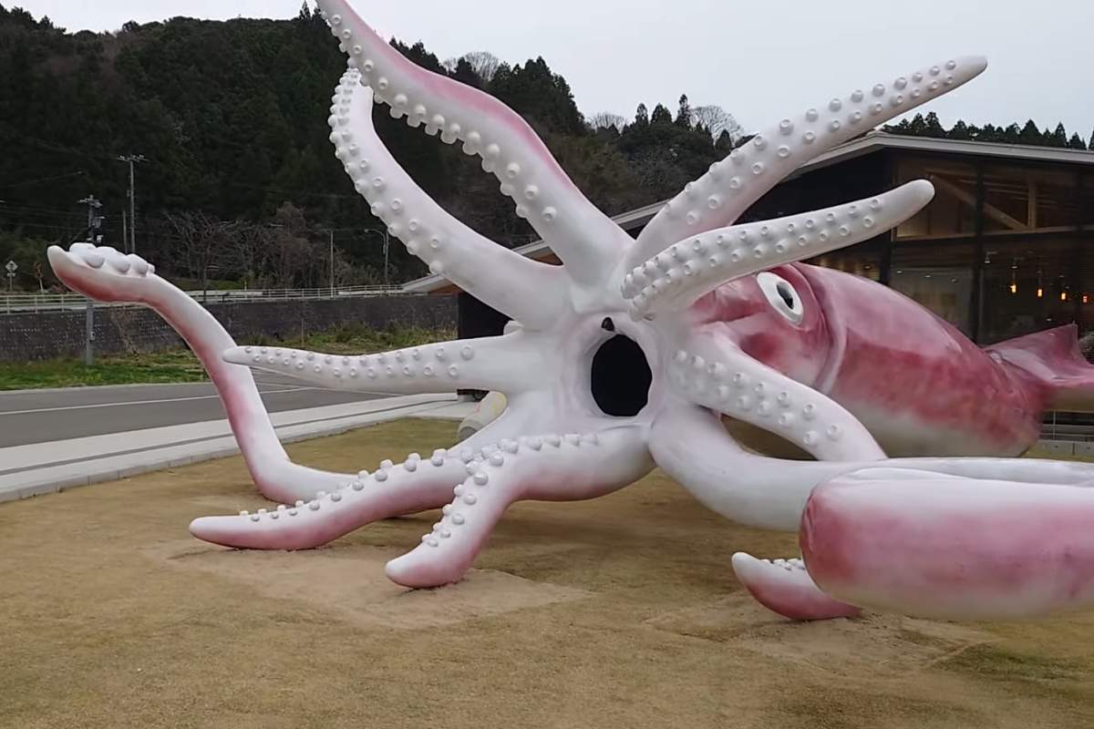 A squid statue is shown in Noto, Japan in this image from video.