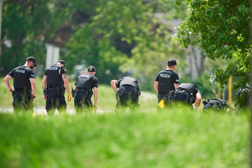 A line of police officers look for evidence at the scene of a car crash in London, Ont., Monday, June 7, 2021. The National Council of Canadian Muslims says it is “beyond horrified” by the vehicle attack, which killed four members of a family in London, Ont., Sunday. THE CANADIAN PRESS/Geoff Robins.