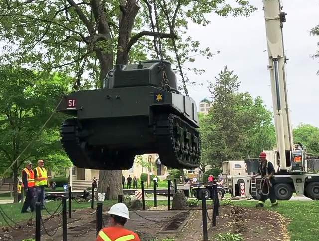 The Holy Roller tank being lifted from its pad in Victoria Park on June 8, 2021.