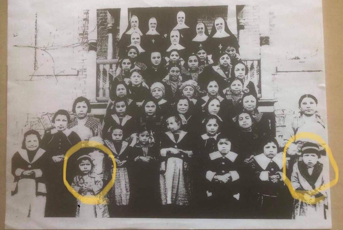 Eagleclaw Bunnie Thom’s kohkum, Matilda Lavallee Bunnie, (circled on the left) is seen here during a class photo at Marieval. The child circled on the right is her sister, but Thom said the family does not know her name.
