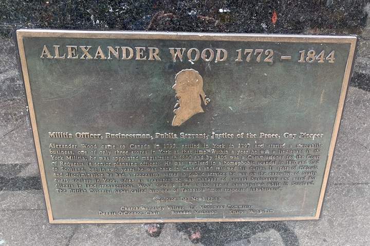 The plaque at the Alexander Wood statue.