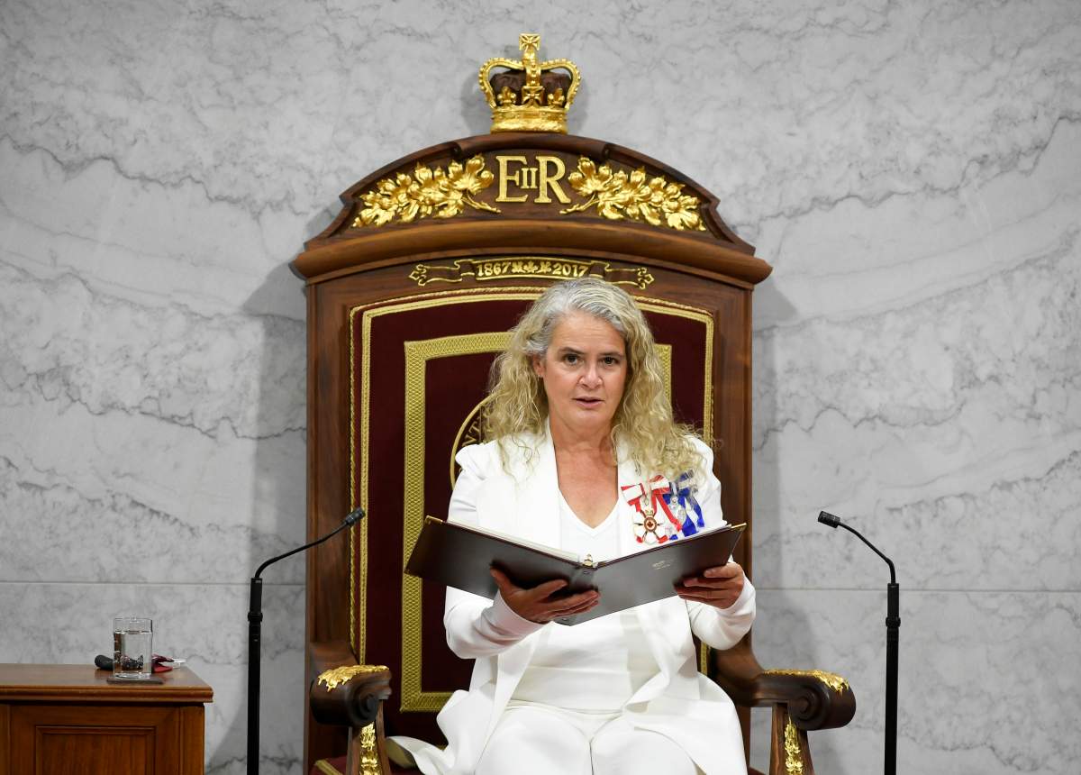 Gov. Gen. Julie Payette delivers the throne speech in the Senate chamber in Ottawa on Wednesday, Sept. 23, 2020. An Ottawa school named for the former governor general will choose a new name after "scathing" reports emerged on workplace culture at Rideau Hall under her leadership.
