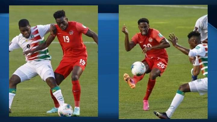 Jonathan David (player in red jersey on the right) scored three goals and Alphonso Davies (player in red jersey on the left) had a goal and two assists as Canada moved into the next round of World Cup qualifying in CONCACAF with a 4-0 win over Suriname on Tuesday.