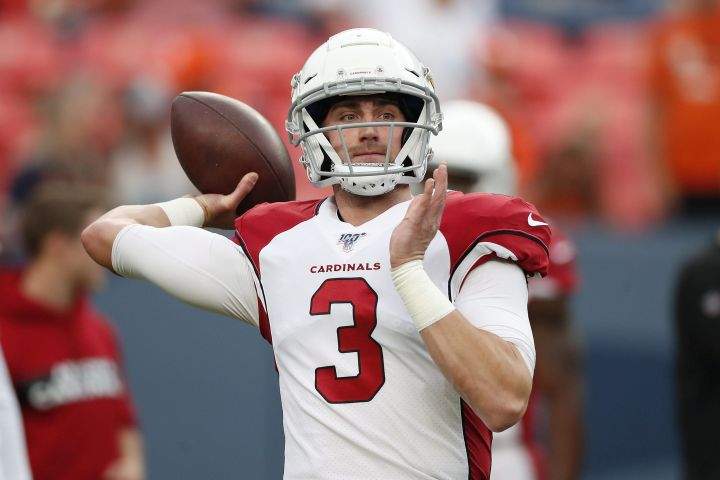 Arizona Cardinals quarterback Drew Anderson (3) warms up prior to an NFL preseason football game against the Denver Broncos, Thursday, Aug. 29, 2019, in Denver. 