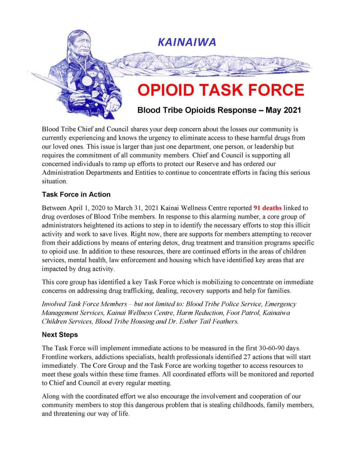 May 2021 release from Blood Tribe Chief and Council.