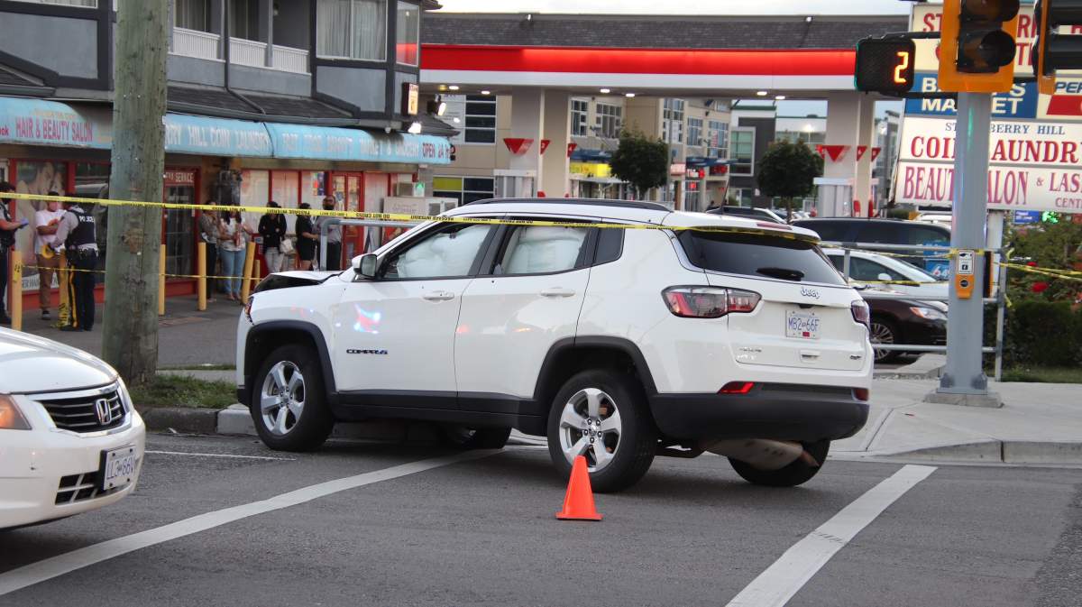 Surrey RCMP investigating targeted shooting Saturday night in Newton near the intersection of 128 street and 76 avenue. A white jeep was left with several bullet holes. Photo: Shane Mackichan.