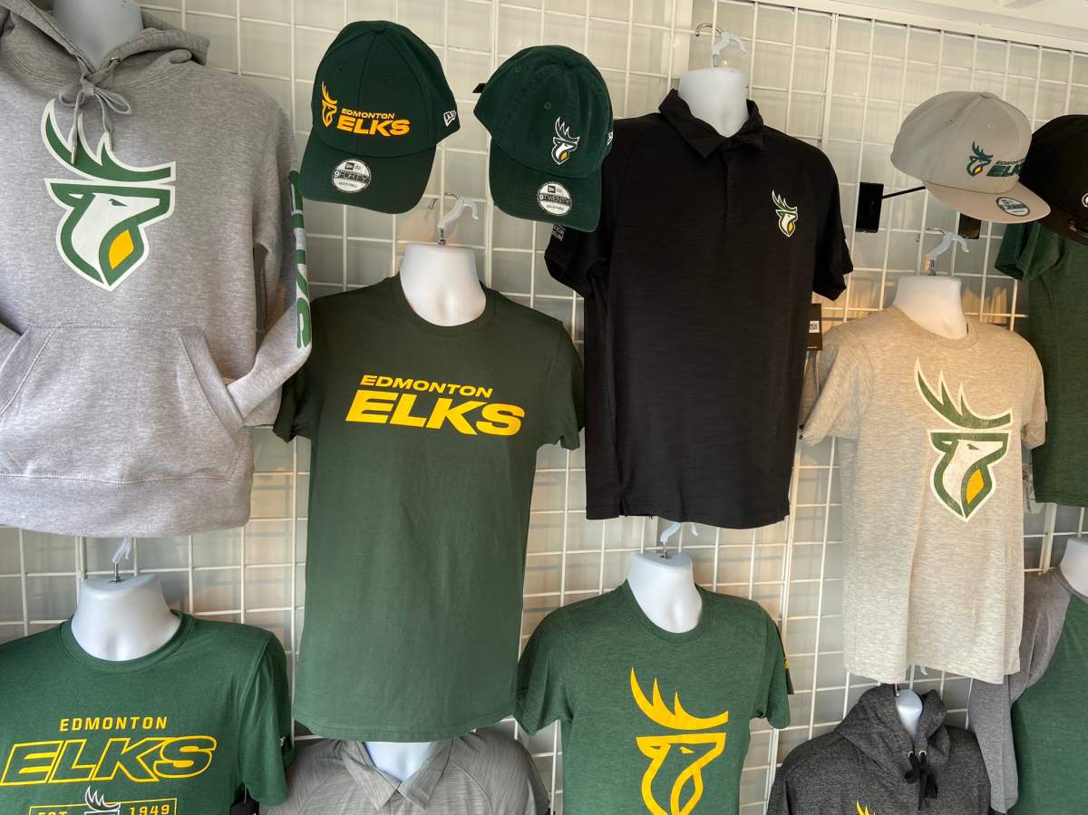 Edmonton Elks merchandise is displayed at Commonwealth Stadium on June 1, 2021.