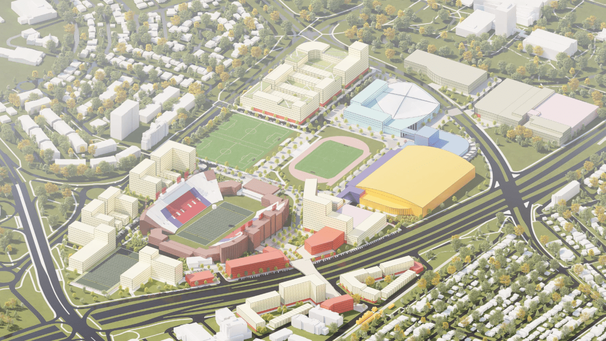 A conceptual rendering of a fully-developed Foothills Athletic Park with a new fieldhouse in yellow, part of a slide deck presented to a Calgary committee on June 14, 2021.
