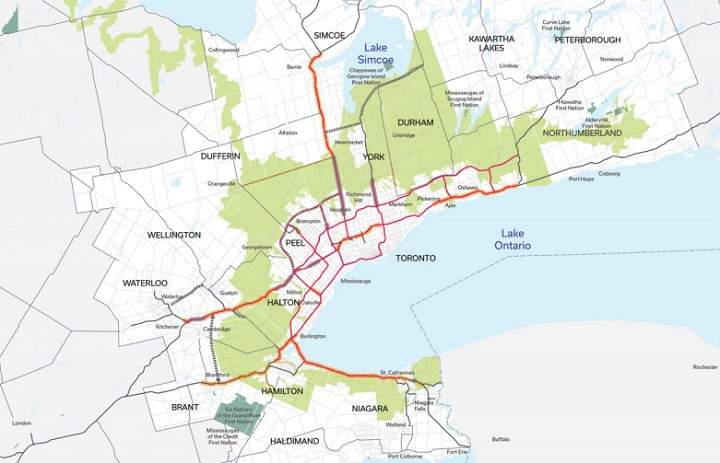 A map released as part of a discussion paper on transportation in the Greater Golden Horseshoe shows current, planned and potential future road infrastructure.