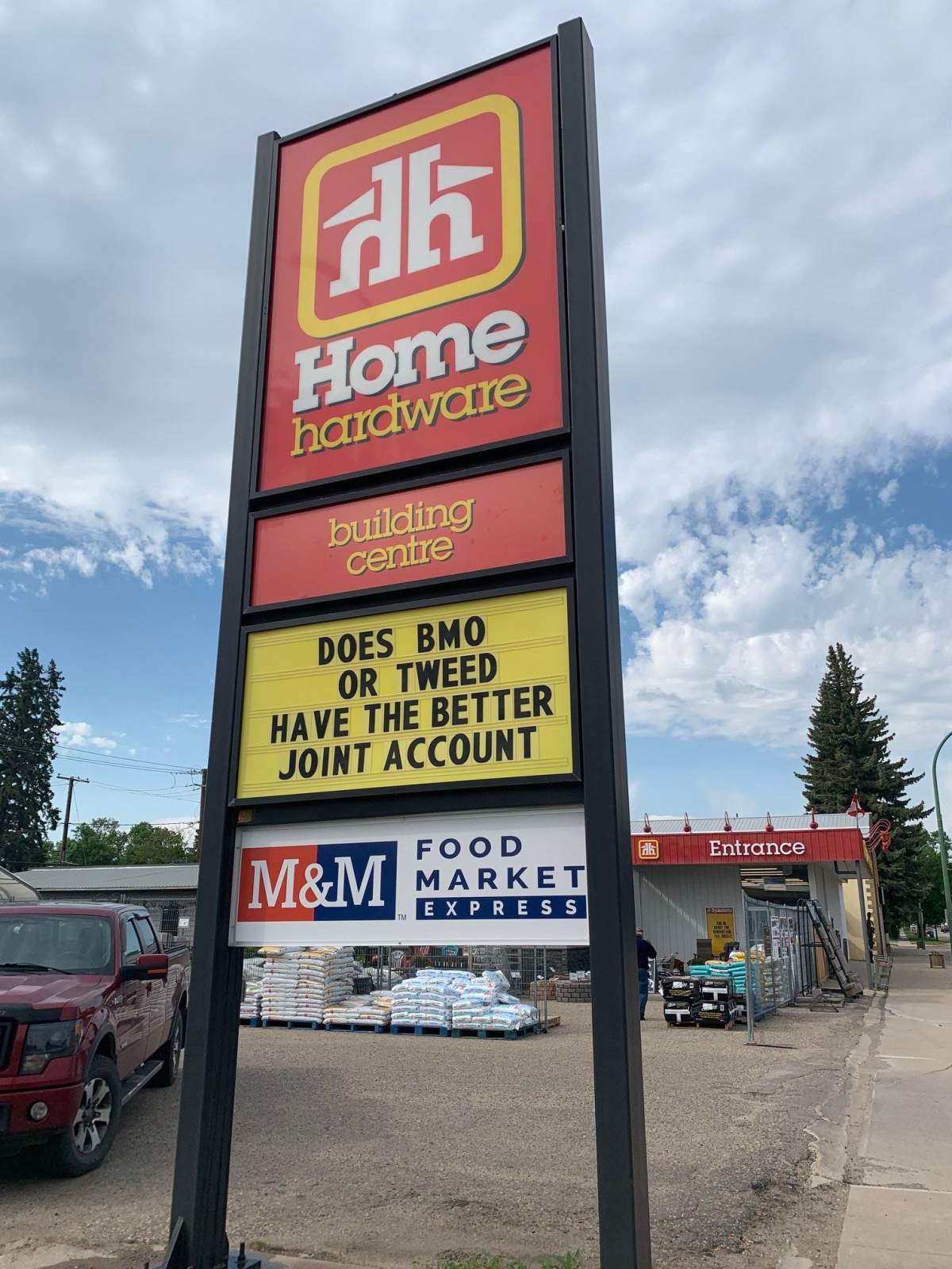 Several tongue-in-cheek signs such as this one at Home Hardware, have 'sparked up' all over Melville.