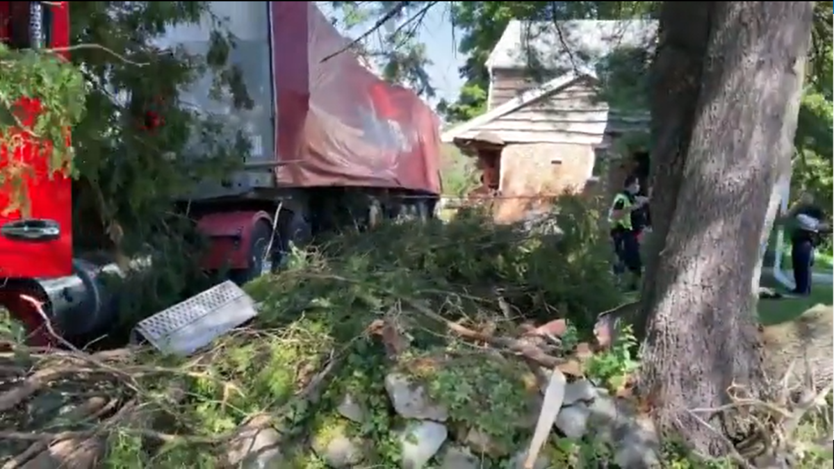 OPP say the driver of a transport truck was sent to a trauma centre after crashing into a residence just off of Highway 6 in Flambrough, Ont., on June 23, 2021.