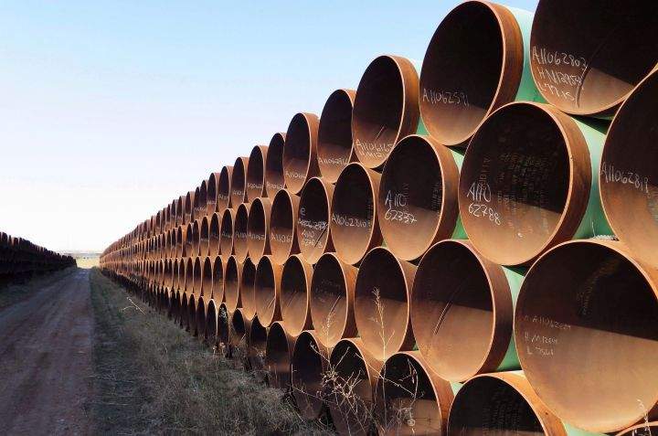 Pipes intended for construction of the Keystone XL pipeline are shown in Gascoyne, N.D. on Wednesday April 22, 2015. 
