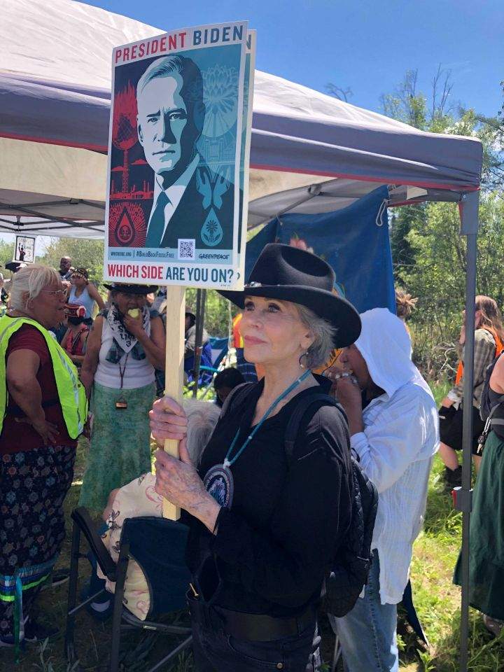 Activist Jane Fonda joins hundreds of protesters chanting “Stop Line 3!” and “Water is life!” gathered at the headwaters of the Mississippi River in in Solway, Minn., on Monday, June 7, 2021 to resist a Canadian-based company’s plan to replace an aging pipeline that carries crude oil from Alberta to Wisconsin.