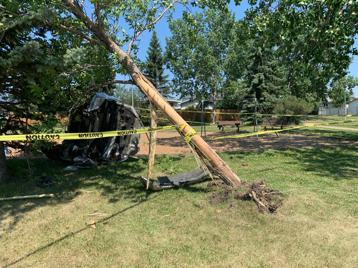A vehicle crashed into a playground near 148 Avenue and 115 Street in north Edmonton on Monday, June 28, 2021.