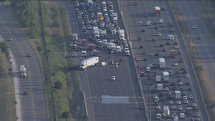 An aerial view of Highway 400 following a fatal collision on June 24, 2021.