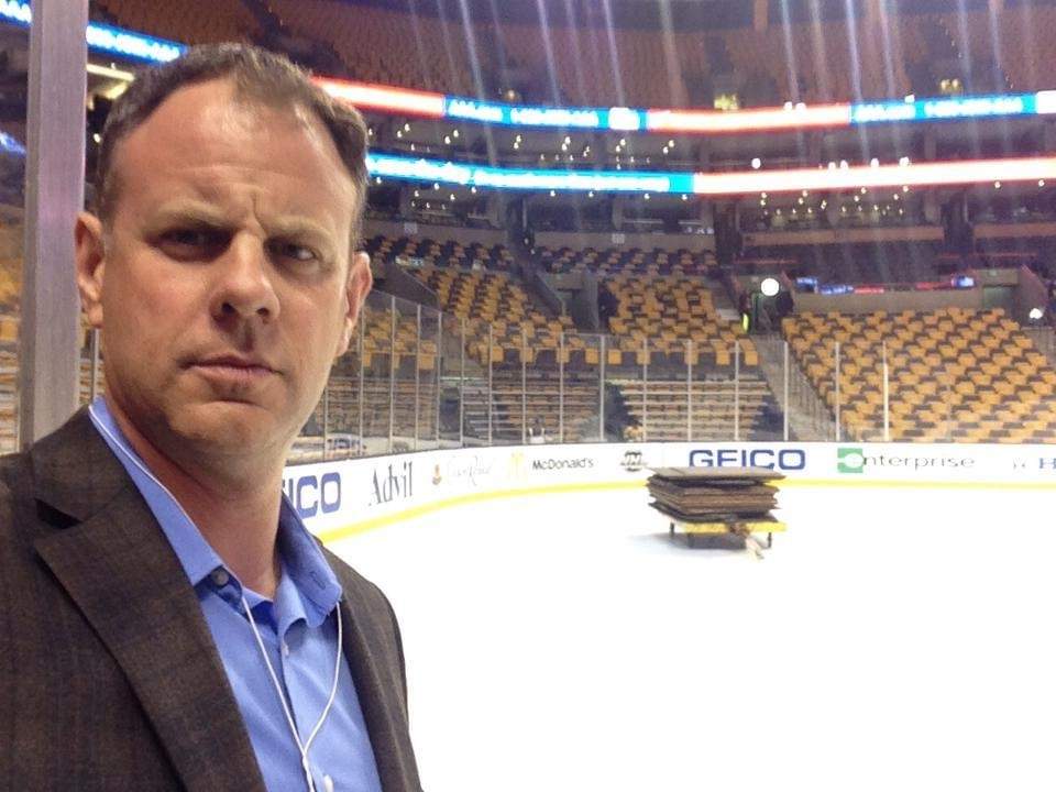 Mike Armstrong is seen here in Boston just after the Habs eliminated the Bruins in 2014. He asked to help put the boards on the ice for the summer, but was turned down.