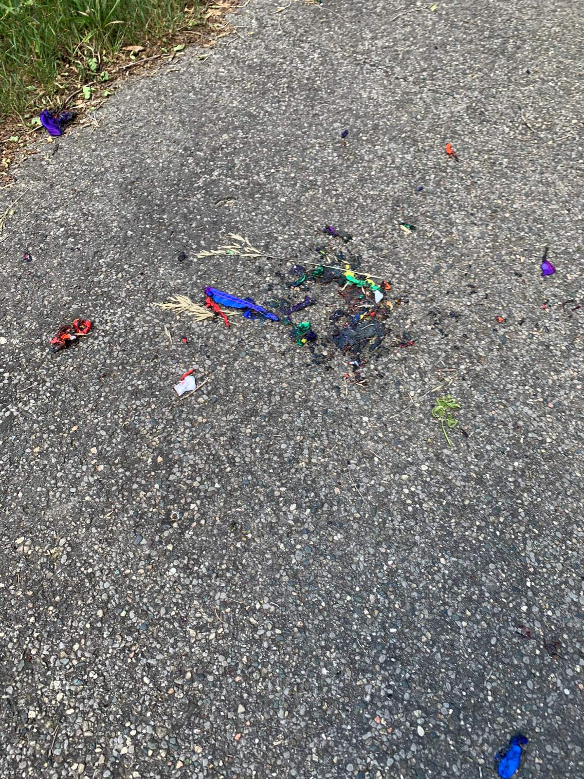 A photograph captured by Stephen Karchut depicts the remnants of a Pride flag stolen from his home three days earlier.