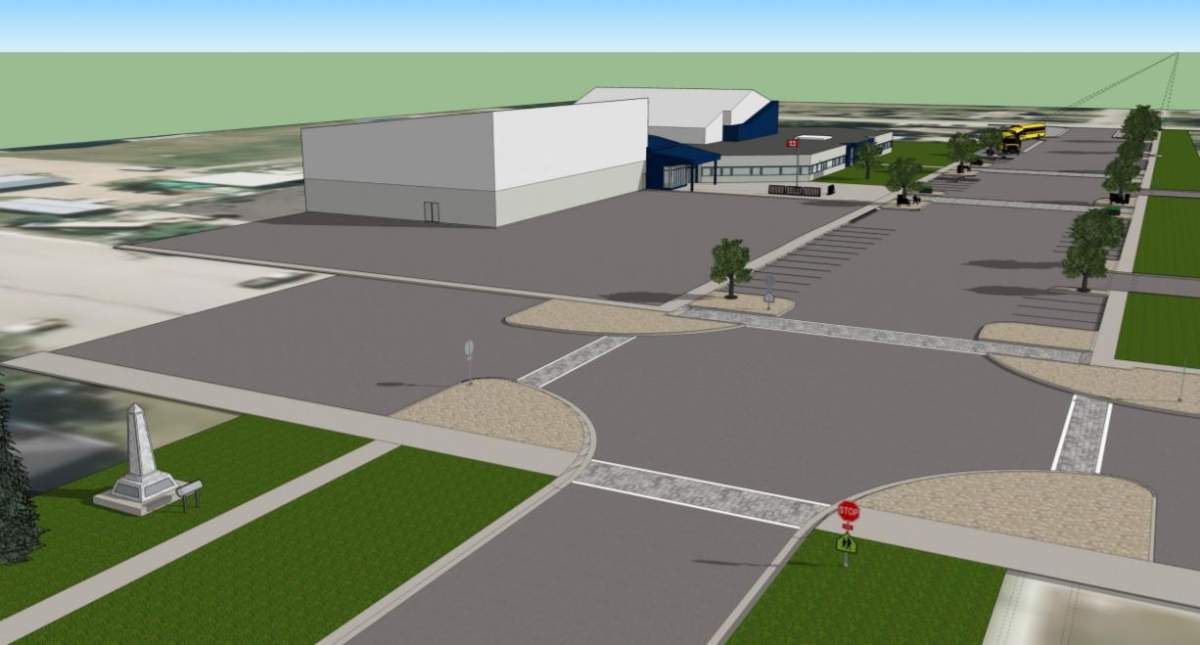 Renderings of Stirling's 3rd Street Revitalization project, including a new cenotaph.