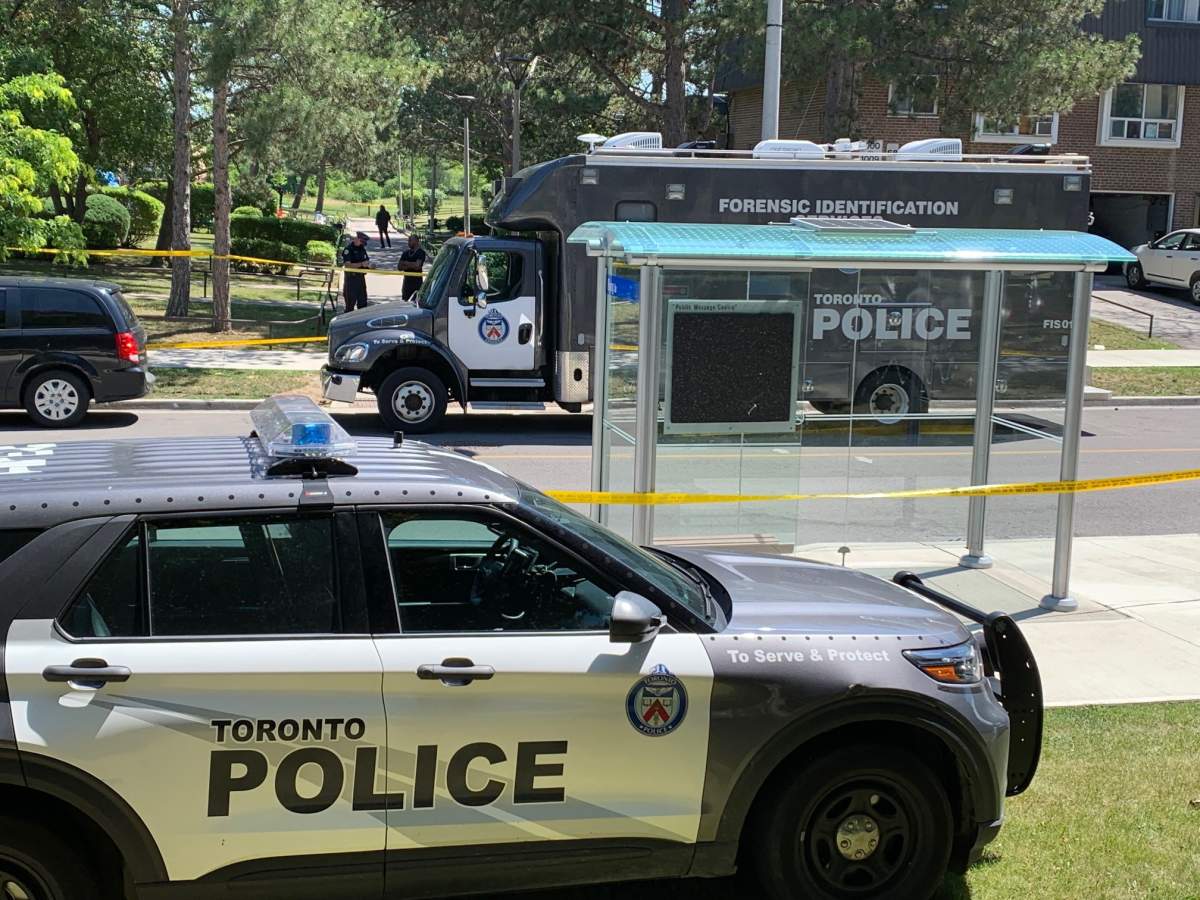 Toronto police at the scene of the shooting that injured multiple children at a birthday party near Tandridge Cres & Byng Ave.