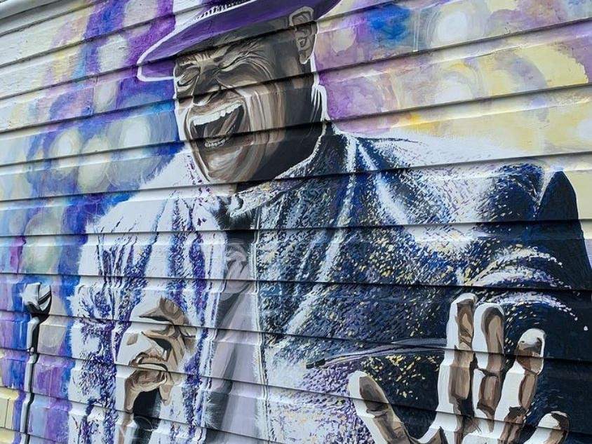 A wall mural of Canadian rock icon Gord Downie in Sicamous, B.C. Downie was an advocate for Indigenous rights and reconciliation.