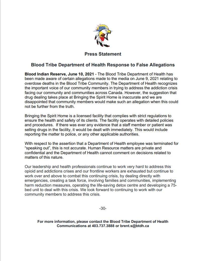 Blood Tribe Department of Health statement.