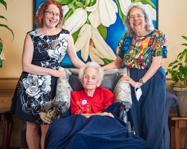 Cecile Klein - Canada's oldest person - celebrated her 114th birthday at Donald Berman Maimonides Geriatric Centre on Tuesday, June 15, 2021. 
Klein is pictured with her daughter Harriet Nussbaum (on the right) and granddaughter Dr. Elaine Nussbaum. 
