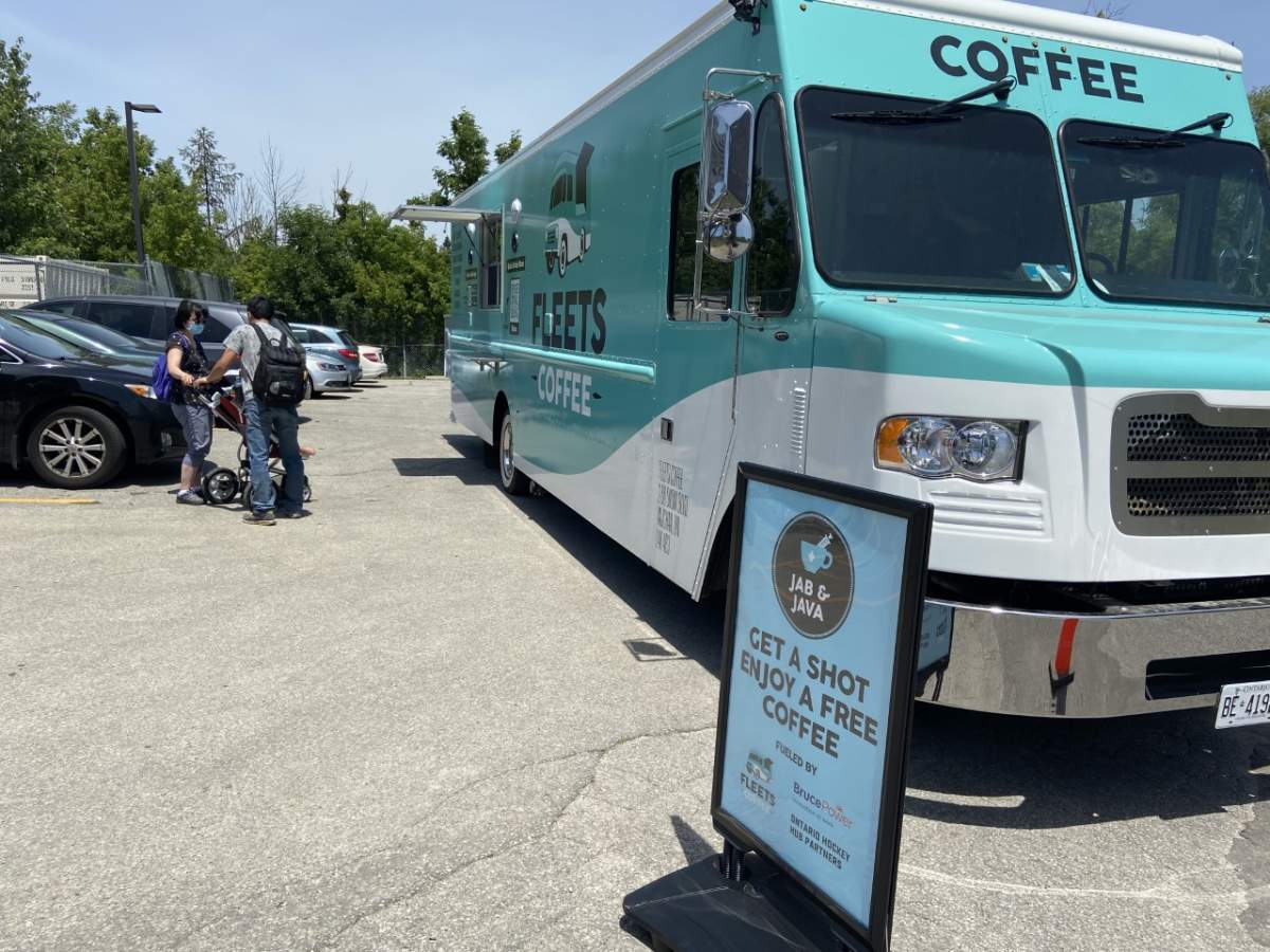 Fleets Coffee truck outside a fixed vaccination clinic in East York, handing out free coffee as part of their ‘Jab and a Java’ campaign.