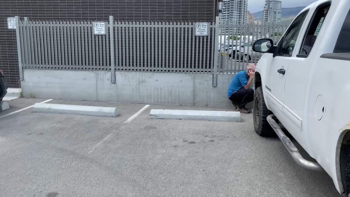 Dr. Albert de Villiers crouches down behind a vehicle while speaking on the phone after he was released from police custody on Wednesday.
