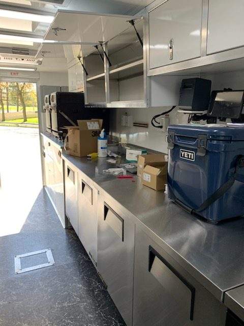 Inside one of Fleets Coffee trucks, showing medical supplies, and specialized coolers that house the vaccines. The trucks are often transformed into mobile vaccination clinics, transporting supplies and nurses to COVID hot spots in Toronto.