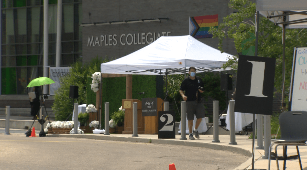 The graduation stage set up at Maple Collegiate in Winnipeg.