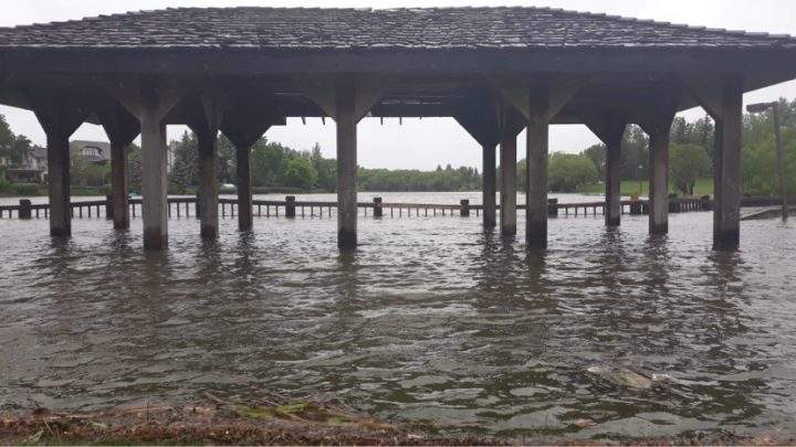 A structure in the Lakewood area of Regina sits underwater.