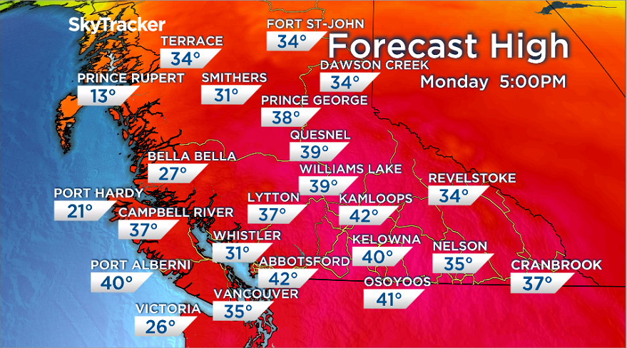 Temperatures forecast for British Columbia on Monday.