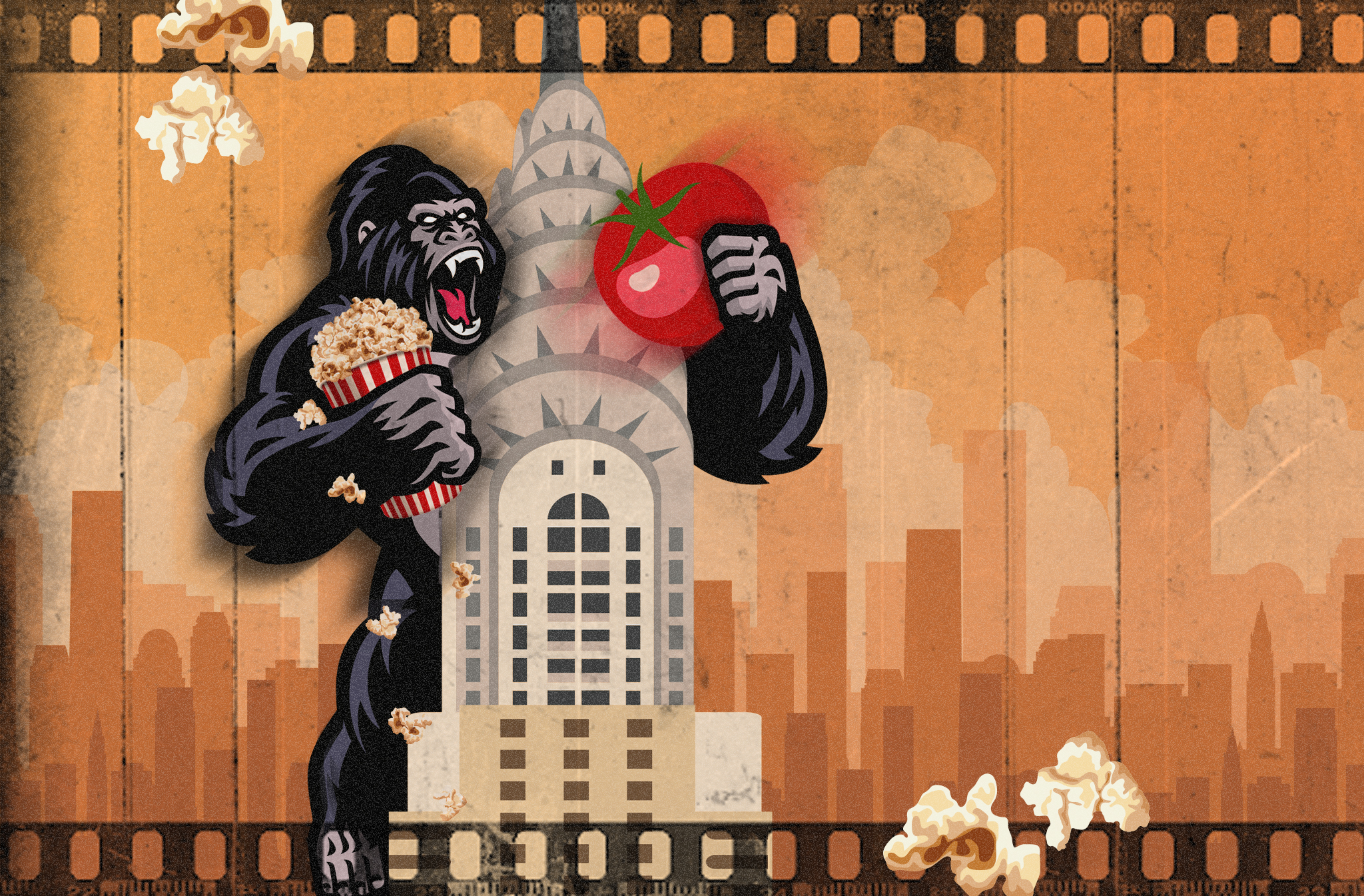Gorilla on the Empire State Building brandishing a red tomato and a bag of popcorn
