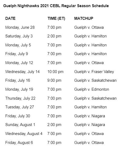 Guelph Nighthawks 2021 CEBL Regular Season Schedule